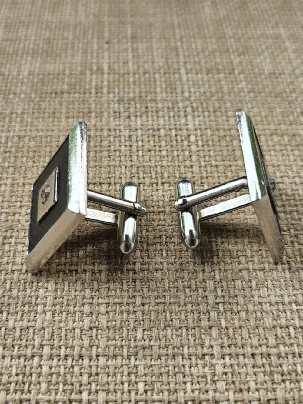 Vintage Swank Cufflinks Black/Silver Tone Metal Square Cuff Links Crystal Accent